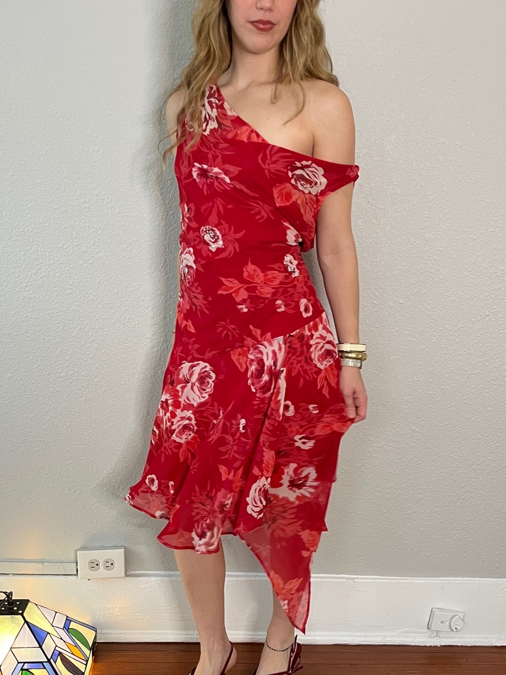 Sequin Beaded Floral Cowl Neck Midi Dress